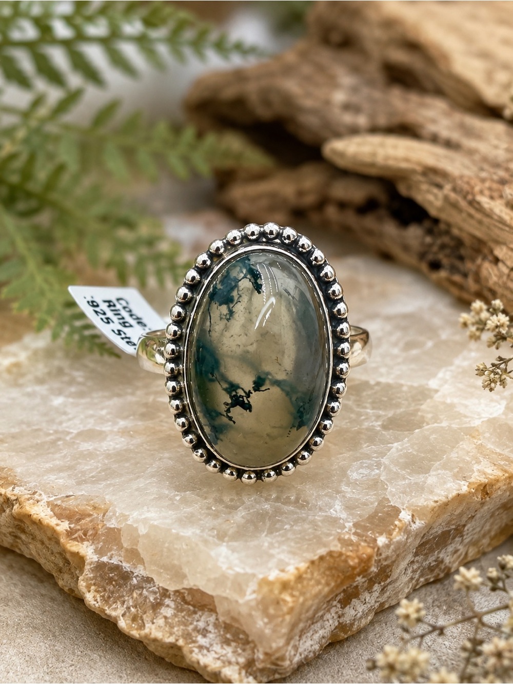 Sterling Silver Moss Agate Statement Ring Size 8 NWT 925 Artisan Style Dendritic